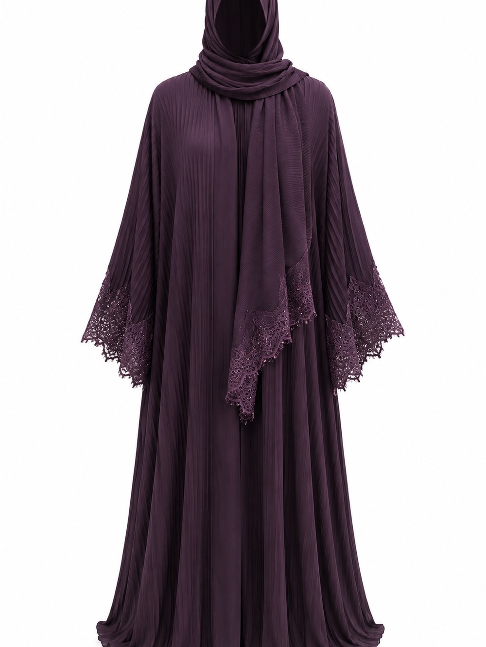 Elegant Pleated Lace-Trim Abaya in Deep Plum